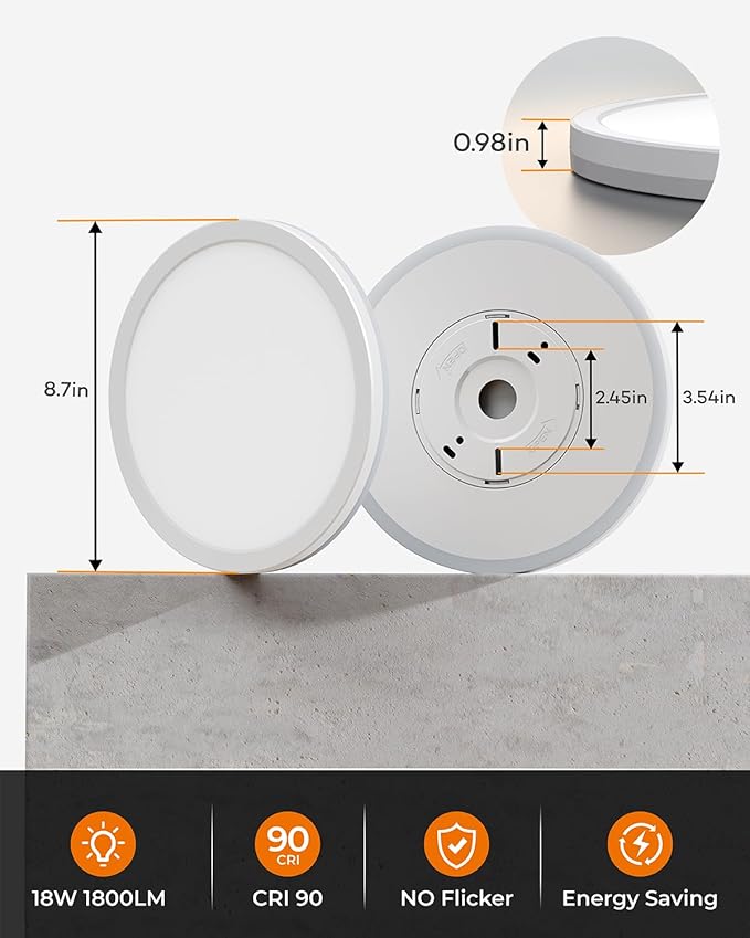 Matane 2Pack Dimmable Flush Mount Ceiling Light Fixture with Night Light, 18W 3000K/4000K/5000K Selectable, LED Low Profile Ceiling Lights for Kitchen Bedroom Hallway, 8.7inch White Round
