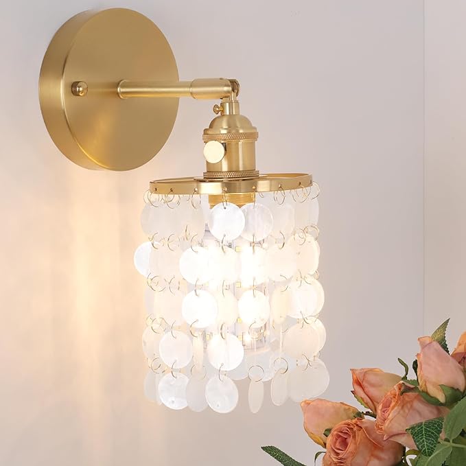 Shenmoyl Battery Operated Wall Sconce with Shell Shade, Rechargeable Wall Lamp with 5400mAh Battery & Remote Control, Modern Dimmable Wireless Wall Lights for Bedroom Bathroom (White, Gold Base)