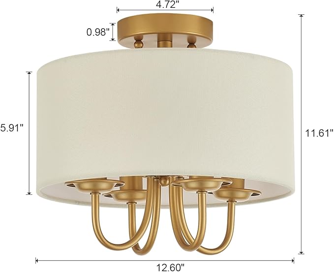 VILUXY Gold Semi-Flush Mount Ceiling Light Fixture with White Fabric Drum Shade Modern Farmhouse Linen 4 Lights Ceiling Lmaps for Bedroom, Dining Room, Corridor, Living Room