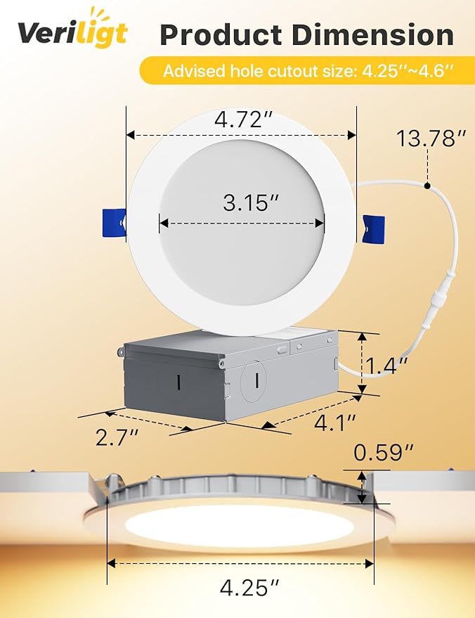 4 Pack 4 Inch LED Recessed Light, Dimmable, Damp Rated, 5CCT Selectable, 9W 750LM, 120V, Silm Canless Wafer Ceiling Light, ETL&FCC