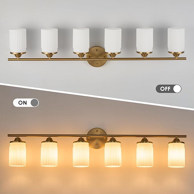 Jonsi Gold Bathroom Light Fixtures 6-Light Vanity Lights Modern Wall Sconce with Milk White Shade Brushed Brass Bathroom Light Fixture Over Mirror for Bedroom Hallway Kitchen
