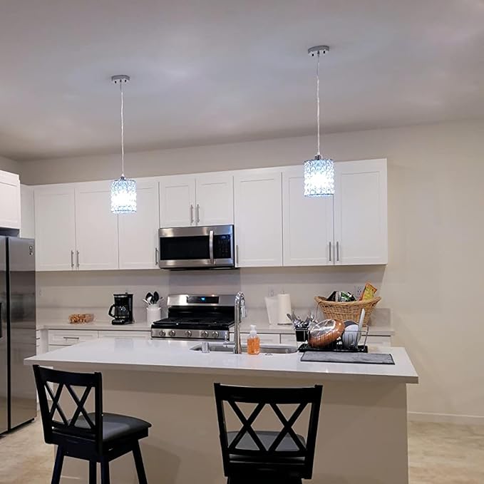 TISLYCO Modern Crystal Pendant Light Fixtures Set of 2, Ceiling Hanging Crystal Chandelier Over Kitchen Island Sink Lighting,Chrome Pendant Lighting For Dining Room, Bathroom, Hallway, EntryWay,Closet