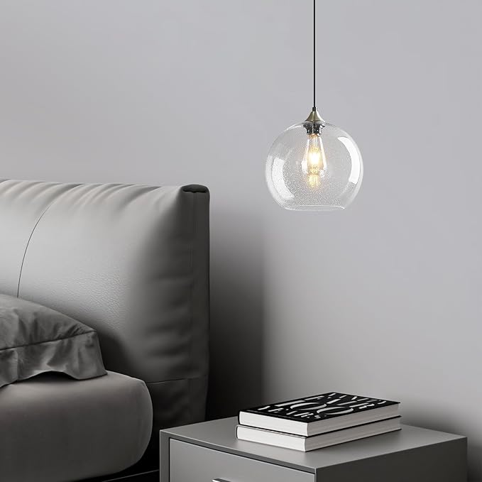Mikeru Glass Globe Pendant Light Single, 5.9 Inch Clear Bubble Glass Hanging Lamp, Mid Century Modern Pendant Lighting for Kitchen Island Dining Room Bedroom (Bulb Not Included)
