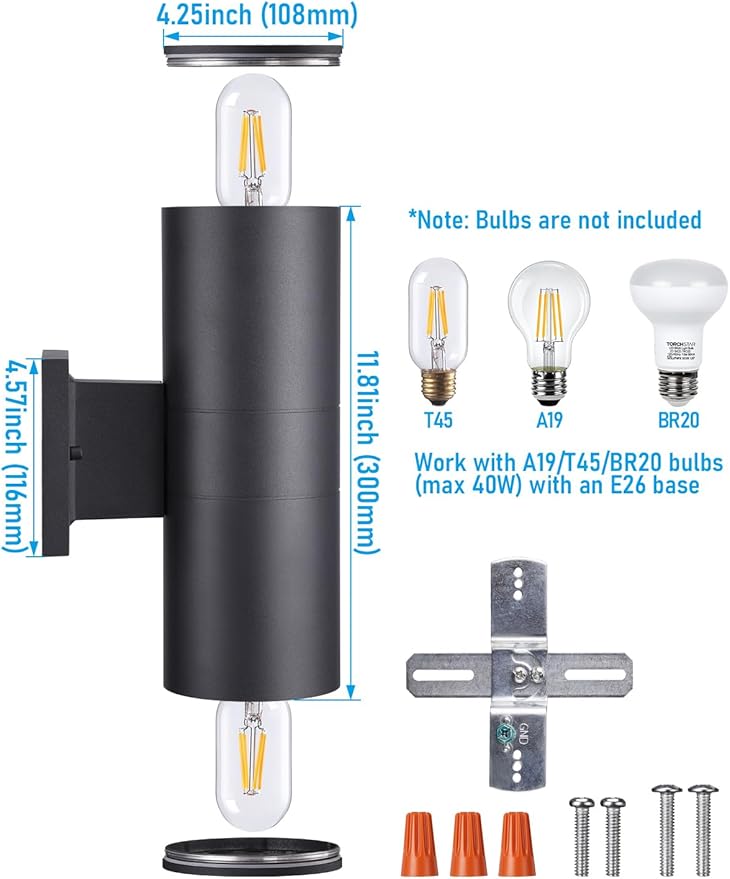 LEONLITE Modern Outdoor Cylinder Wall Lights 12", Up and Down Porch Patio Lights, Matte Black Waterproof Wall Sconce, Aluminum, E26 Base, Exterior Light Fixture Wall Mount, ETL, Pack of 2