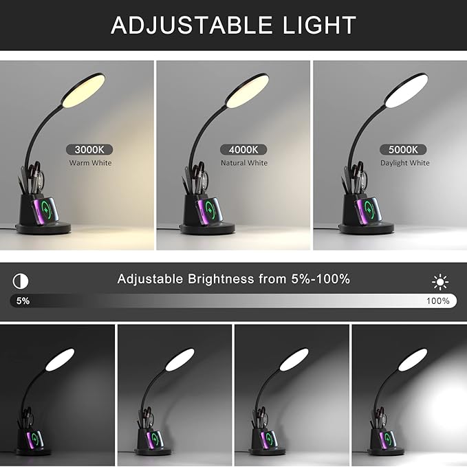 LED Desk Lamps with Pen Holder, Desk Lamp with Wireless Charger, Dimmable Touch Control Lamp with 3000k 4000k 5000k 3 Color Modes Adjustable, Black, Round Shaped