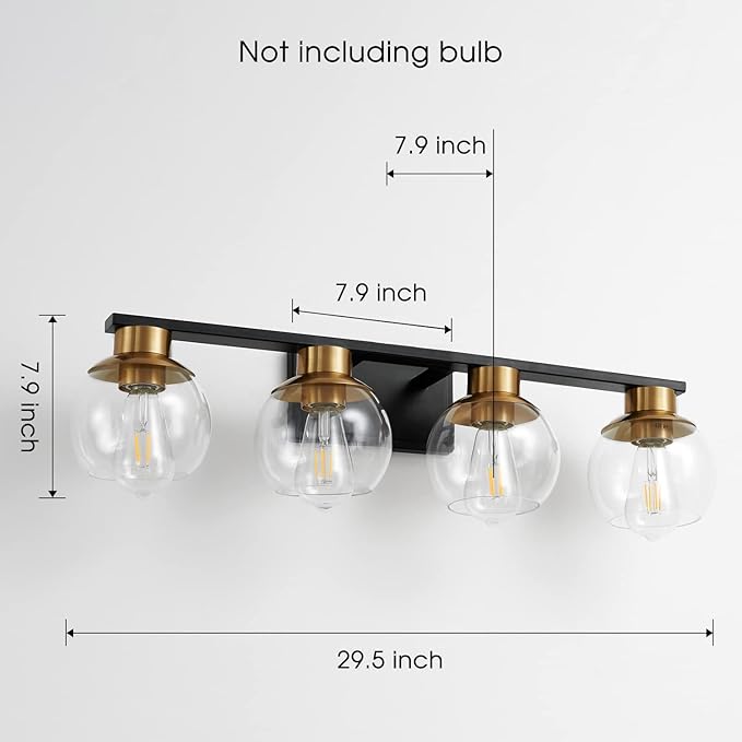 PAZALA Black Gold Bathroom Light Fixtures Over Mirror 4-Lights Vanity Light Wall Sconce with Globe Glass Shade, E26 Base, Perfect for Hallway Picture Wall Lighting Bathroom Bedroom Mirror Living Room