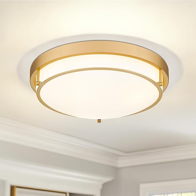 16" Flush Mount Ceiling Light, Farmhouse Style, Frosted Glass Shade,Brass Gold, for Living Room, Bedroom, Dining – CKCL4822-3W-BB