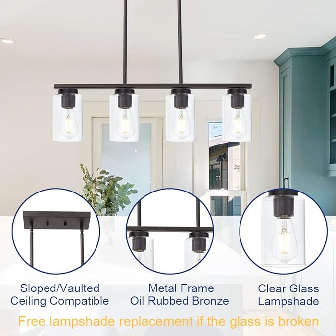TODOLUZ Farmhouse Dining Room Chandelier 4-Lights Kitchen Island Light, Clear Glass Pendant Lighting Fixtures in Oil Rubbed Bronze