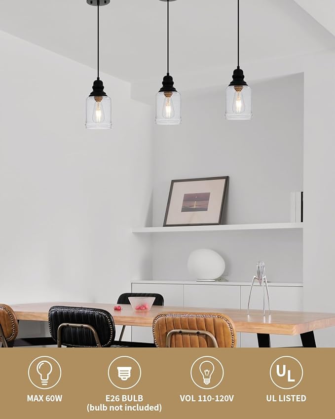 WILON Modern Glass Pendant Lights for Kitchen Island, 6.29" Mini Pandent Light Fixture with Seeded Glass Shade Black Farmhouse Pendant Lights E26 Base Hanging Kitchen Lights for Sink Dinging Room