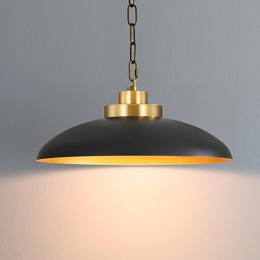 15.8 Inch Large Black and Gold Pendant Light, Industrial Pendant Lighting Fixtures, Vintage Dome Ceiling Hanging Lamp for Kitchen Island Dining Room