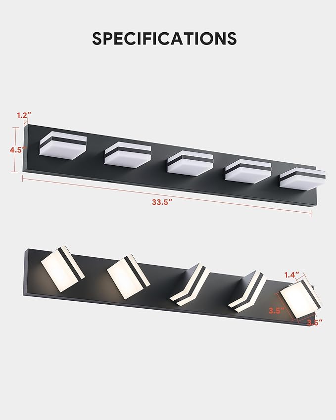 VONLUCE Bathroom Vanity Light Fixture, 5-Light Modern LED Vanity Light, 3CCT Adjustable Bathroom Lights with Memory Function Rotatable Shades, 34" Wall Lighting Fixture Over Mirror, Matte Black