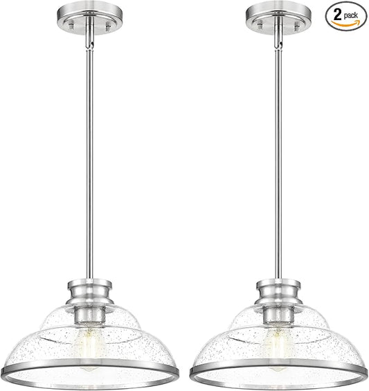 kudos 2 Pack Pendant Lights Kitchen Island, 11" Brushed Nickel Kitchen Island Lighting with Seeded Glass, Farmhouse Hanging Light Fixture for Kitchen Sink Dining Room Hallways, KDPL14-BN-2PK
