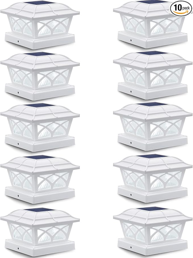 SIEDiNLAR Solar Post Cap Lights Outdoor Glass 2 Color Modes 8 LEDs for 4x4 5x5 6x6 Wooden Vinyl Posts Fence Deck Patio Decoration Warm White & Cool White Lighting White (10 Pack)