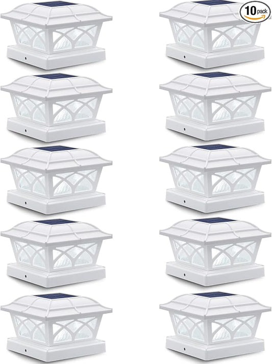 SIEDiNLAR Solar Post Cap Lights Outdoor Glass 2 Color Modes 8 LEDs for 4x4 5x5 6x6 Wooden Vinyl Posts Fence Deck Patio Decoration Warm White & Cool White Lighting White (10 Pack)