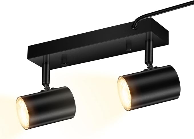 AUQUEE 2 Light Track Lighting Kit,Black 2 Way Modern Plug in Ceiling Spotlight,Industrial LED Wall Light for Kitchen Cabinet Gallery Bar Hallway Living Room,Rocker Switch,15 Foot Cord(No Bulb)