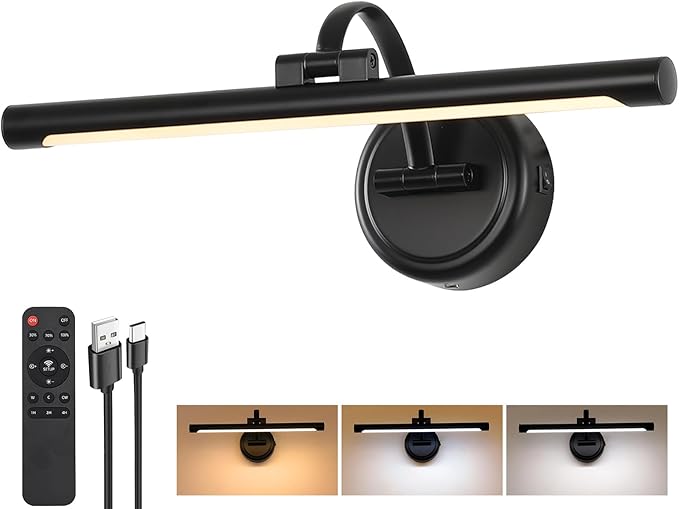 Tassuowell Rechargeable Picture Light for Wall, Cordless Art Lights Battery Operated, Dimmable Wall Light with Remote & Timer, 3 Color Modes for Paintings, Gallery, Artwork(Black, 15.7inch)