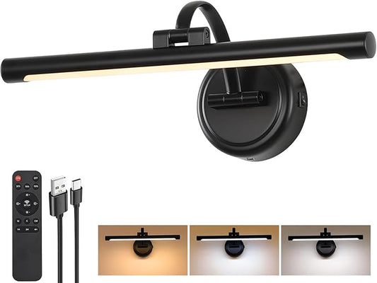 Tassuowell Rechargeable Picture Light for Wall, Cordless Art Lights Battery Operated, Dimmable Wall Light with Remote & Timer, 3 Color Modes for Paintings, Gallery, Artwork(Black, 15.7inch)