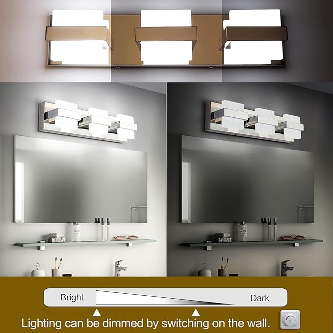 SOLFART 3 Lights Chrome Bathroom Vanity Light Modern LED Bathroom Light Fixtures Over Mirror Vaniy Light 20 inch White Light Dimmable