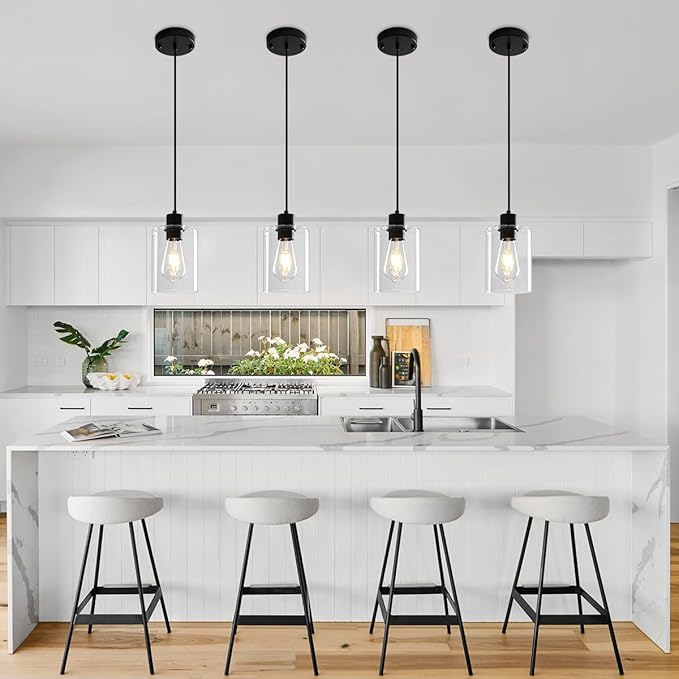 2 Pack Black Pendant Lights Kitchen Island, Modern Glass Pendant Lighting Over Island Kitchen Hanging Bathroom Ceiling Light Fixtures Adjustable Pendant Lights for Dining Room Hallway Bedroom
