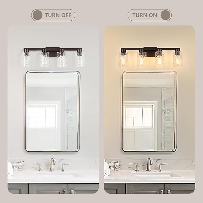 4-Light Bathroom Light Fixtures Modern Oil Rubbed Bronze Vanity Lights with Water Ripple Glass Wall Sconces Over Mirror for Bathroom, Powder Room, Living Room