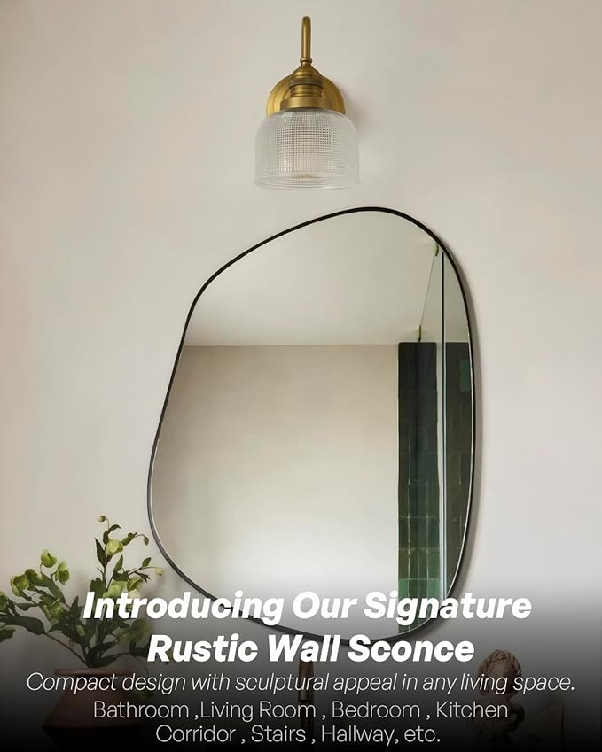 Vintage Wall Sconce Antique Brass Gold Bathroom Vanity Light with Clear Checkered Glass Shade Indoor Hardwire Wall Mounted Lamp Light for Bathroom Mirror Living Room Bedroom Kitchen