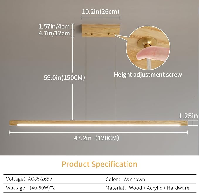 Modern Wooden Pendant Light, 47IN White Ash Wood Chandelier with Remote Control 3000k-6500K Adjustable Color Temperature，Aluminum Island Lighting Lamp for Dining Room, Living Room B