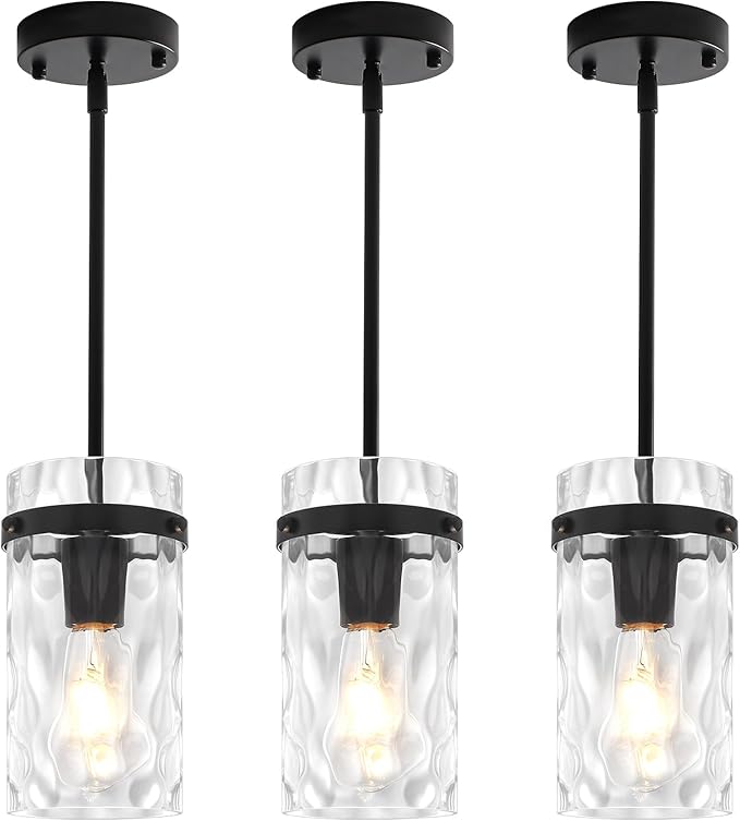 3 Pack Black Pendant Lights Kitchen Island, Modern Hammered Glass Kitchen Pendant Lighting Over Island Hanging Bathroom Light Fixtures Adjustable Pendant Light for Hallway Entryway Dining Room