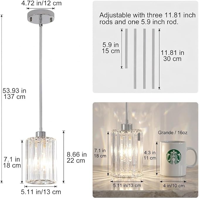 Chrome Pendant Lights for Kitchen Island, 3 Pack Modern Crystal Pendant Light Fixtures, Mini Kitchen Hanging Lights for Dining Room, Hallway, Foyer, Entryways