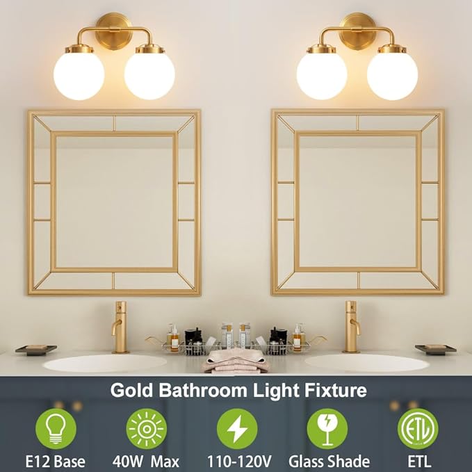 Bathroom Vanity Light Fixtures Over Mirror, Modern Brass Gold 2 Lights Wall Sconce Lighting with Milky Glass Ball Shades, Mid Century Farmhouse Bathroom Lighting