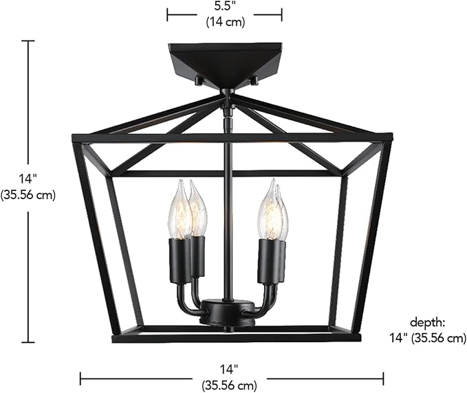 Globe Electric 61182 Sheldon 4-Light Semi-Flush Mount Ceiling Light, Matte Black, Flame Tip Vintage Edison Incandescent Bulbs Included