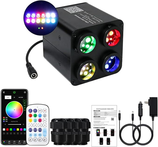 AKEPO 4 Color 36W RGBW Twinkle+Colorful Meteor Two-in-one Fiber Optic Light Source, 4 Ports Twinkle+RGB Shooting Star+Music Activated+Bluetooth APP+28-Key Remote Control Home/Car Starlight Headliner