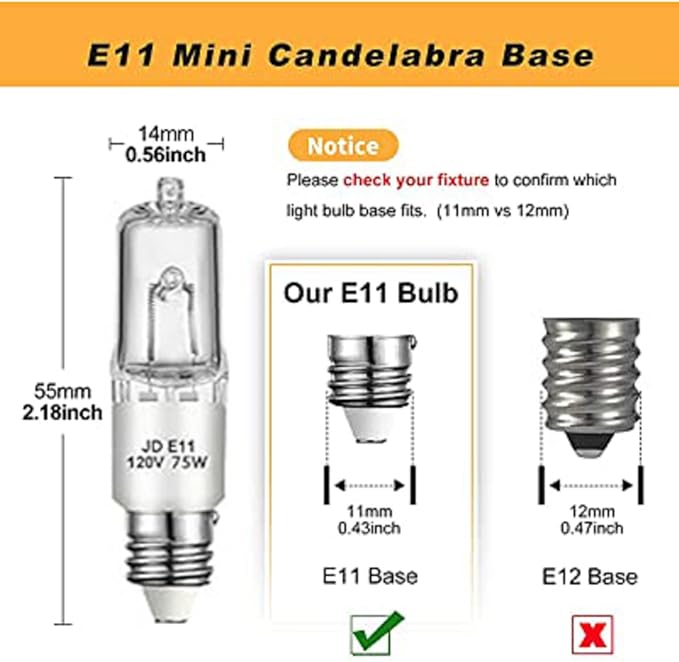 E11 Halogen Bulb,120V 75W Halogen Candelabra Bulbs 4 Pack，T4 Mini Base JD E11 Bulb,Dimmable 2700K Warm White,for Chandeliers,Candelabra,Ceiling Fan, Table Lamps, Cabinet Lighting
