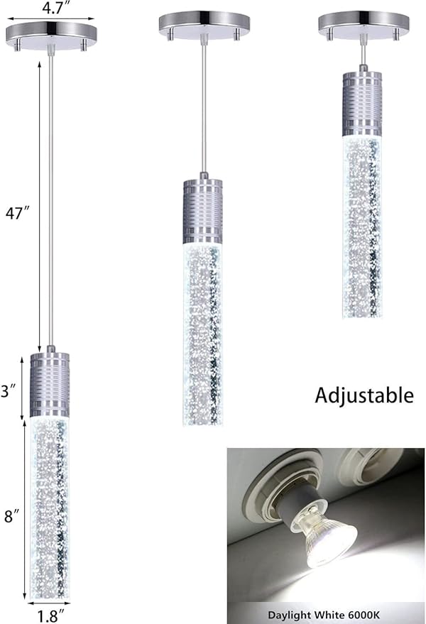 HAIXIANG Modern Kitchen Island Hanging Light Fixtures Crytstal Pendant Lighting for Kitchen Island Chrome Mini Chandelier with 6000K Daylight Bulb