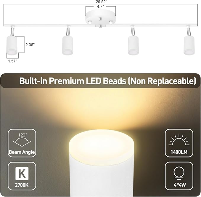 AUQUEE 4 Light Track Lighting Fixtures Ceiling, 16W/2700K White Track Lighting with Acrylic Lampshade & Rotatable Light Heads, 20000hrs Lifespan, Modern LED Track Lights Ceiling for Kitchen/Hallyway