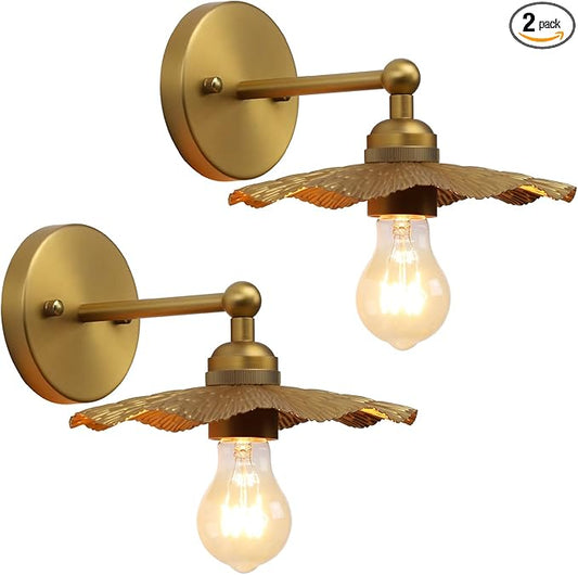 Phansthy Hardwired Wall Lighting, Barn Wall Sconces Antique Brass Indoor Wall Lights with Hammered Metal Lotus Leaf Texture Shade, Vanity Wall Lamp for Bathroom Bedroom Kitchen (One-Light 2 Pack)