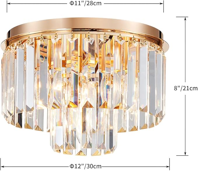 AGV LIGHTING CL006G Crystal Ceiling Light Fixture, Modern Semi Flush Ceiling Light, D12 x H8, E12 Base 3-Lights, Gold Finish