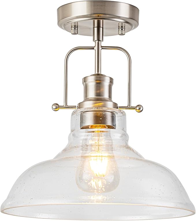 WILON Farmhouse Glass Semi Flush Mount Ceiling Light Fixture, Kitchen Lighting Fixtures Industrial Ceiling Lamp for Hallway Bedroom Kitchen Laundry Room (Brushed Nickel & Seeded, 1 Pack)