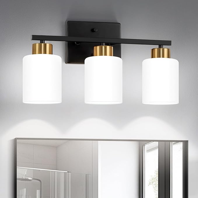 FonmYim Black and Gold Bathroom Light Fixtures, 3-Light Modern Vanity Light Over Mirror, Wall Sconces with Milky White Frosted Glass Shades, E26 Socket (Bulbs Not Included)