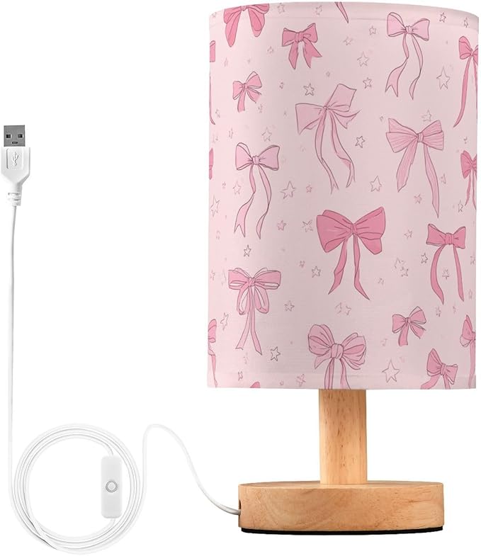 Aslsiy Cute Coquette Ribbon Bow Bedside Table Lamp Pink Star Nightstand Lamp Night Light Fabric Shade for Bedroom Living Room Home Office