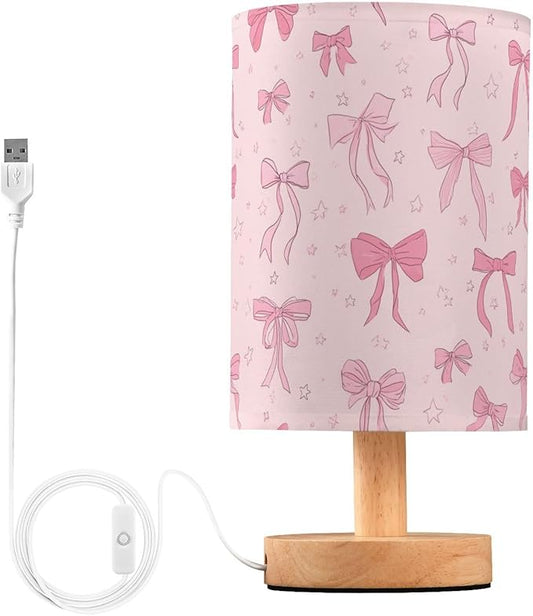 Aslsiy Cute Coquette Ribbon Bow Bedside Table Lamp Pink Star Nightstand Lamp Night Light Fabric Shade for Bedroom Living Room Home Office
