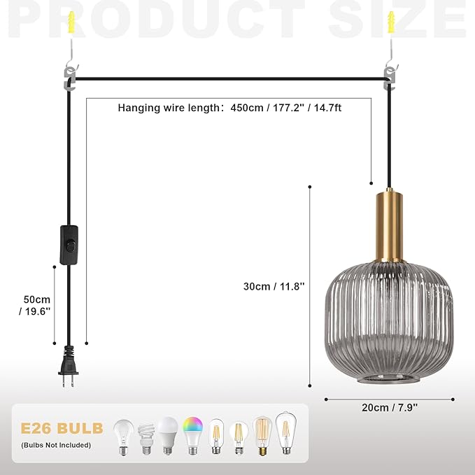 Plug in Pendant Lights for Ceiling, Smoke Gray Glass Pendant Light with Plug in Cord 14.75Ft, Industrial Hanging Lamp Modern Plug in Hanging Light for Living Room Bedroom Kitchen