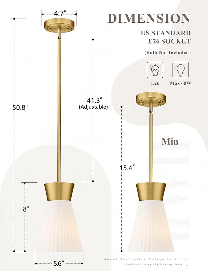Gold Pendant Light, HWH Hanging Light Fixture for Kitchen Island, Bedroom, Modern Pendant Light with Milk White Striped Glass, Gold Finish, 5HZG107MIL BG