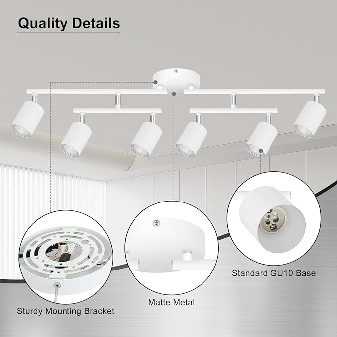 AUQUEE 6 Light Track Lighting Fixtures Ceiling, Matte White Kichen Track Lighting Fixtures with Rotatable Light Heads, Upgrade Light Poles, Modern LED Spot Lights for Kitchen/Hallway, No GU10 Bulb