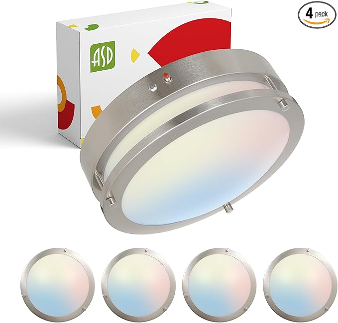 ASD LED 12" Round Flush Mount Lighting, Close to Ceiling Light Fixture | 3CCT, Dimmable, Battery Backup, ETL Listed | 20W 1876LM 3000-5000K 100-277V | Low Profile Double Ring Lamp | Nickel, 4 Pack