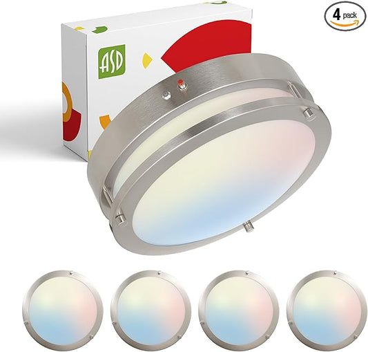 ASD LED 12" Round Flush Mount Lighting, Close to Ceiling Light Fixture | 3CCT, Dimmable, Battery Backup, ETL Listed | 20W 1876LM 3000-5000K 100-277V | Low Profile Double Ring Lamp | Nickel, 4 Pack