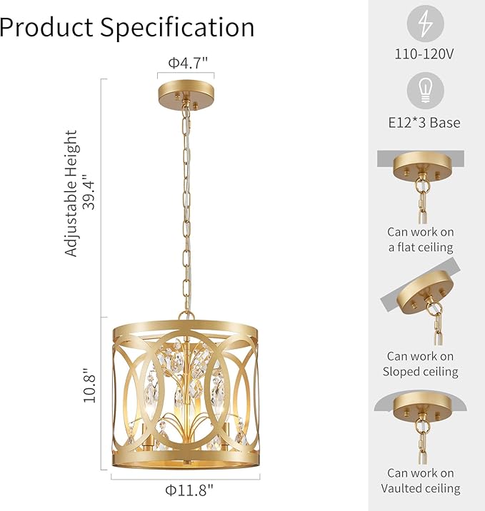 WUZUPS Crystal Chandelier 3-Light Vintage Farmhouse Pendant Ceiling Light Lighting Fixture for Foyer Diningroom Bedroom Hallway Storage Kitchen Bathroom, H 10.8" W 11.8", E12 Base, Gold