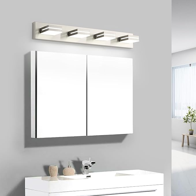 OKELI 4 Light Bathroom Vanity Light Brushed Nickel Modern 32W LED Dimmable Vanity Light Over Mirror 350° Adjustable Lamp Head Cold White 6000K ETL Listed 30Inch