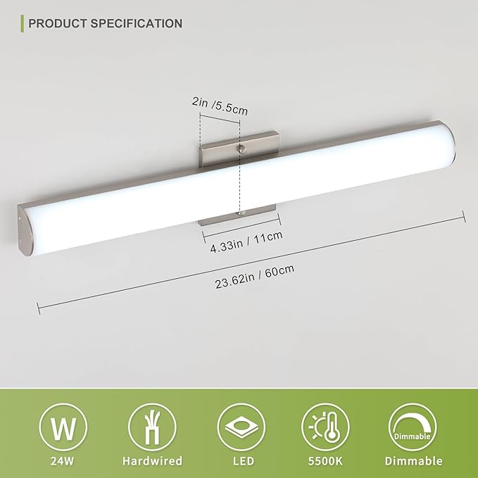 Brushed Nickel Vanity Lights 24 Inch 24W Bathroom Light Fixture LED Bathroom Vanity Lights Over Mirror Vanity Lighting Fixtures, Wall Light Fixtures, Daylight 5500K