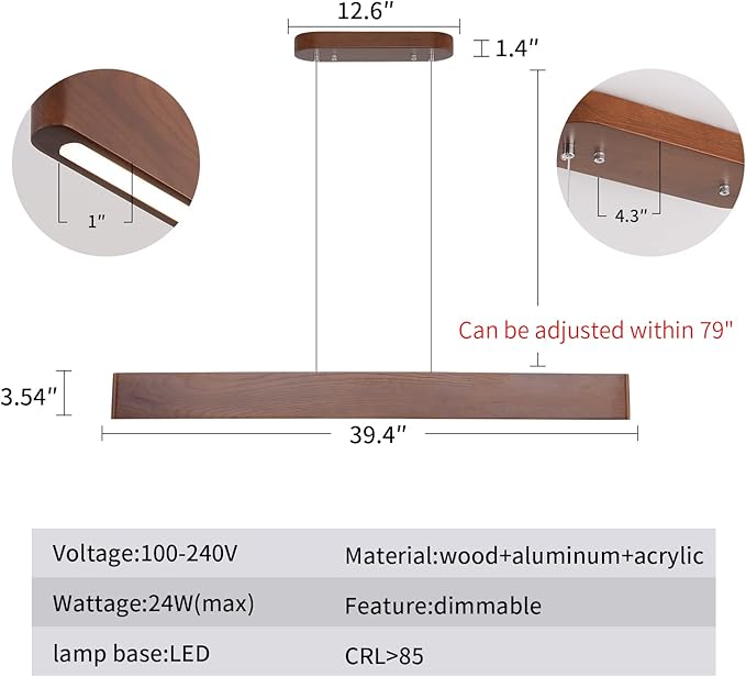 YISDESIGN 39.4" Wood Linear Pendant Light 24w Led Dimmable Dining Room Light Wood Kitchen Island Pendant Hanging Light for Kitchen Island Office Lights Walnut Color