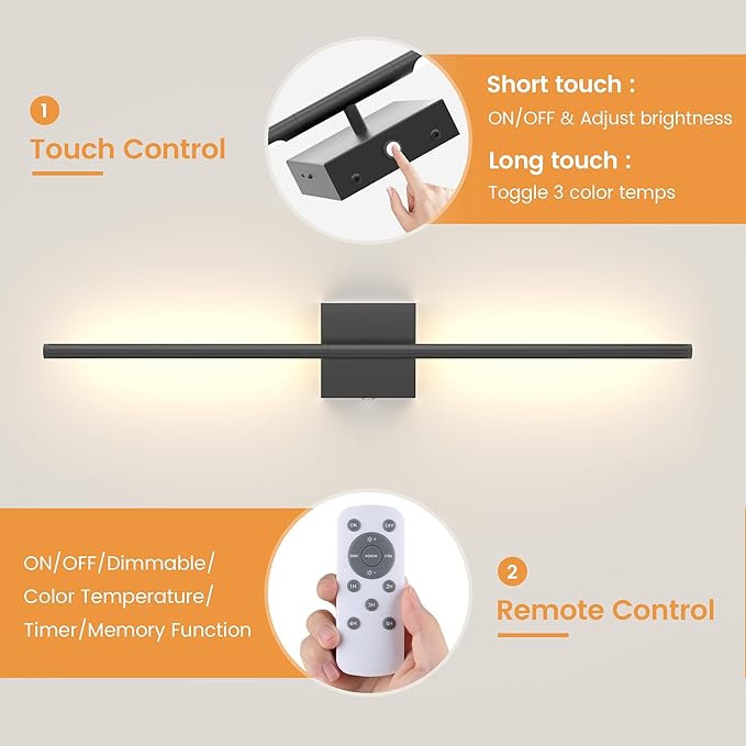 VOLISUN 7800mAh Battery Operated Wall Sconces Set of Two, Black Rechargeable Wall Sconces with Remote, 360° Rotatable Battery Wall Sconce Decor, 34'' Wireless Wall Lights for Bedroom, Living Room